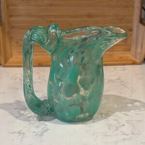 Vintage Handblown green glass pitcher vase decor mid century contemporary